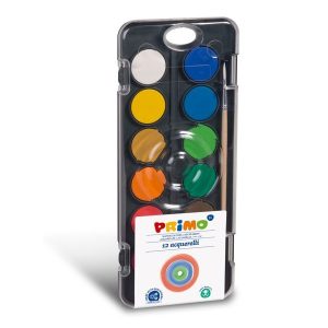 აკვარელი, 12 Watercolour tablets diametre 30 mm. in plastic box with lid (mixing palette and 1 brush, PRIMO [126A12FN]
