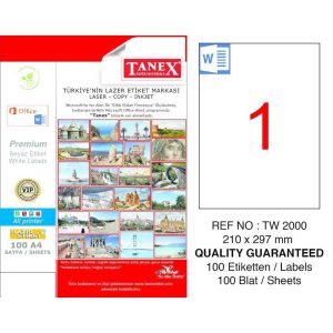 ლეიბლი, A4, 1 ნაჭრიანი, 210x297 მმ., 100 ფურცელი, TANEX [2000]