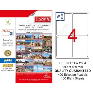 ლეიბლი, A4, 4 ნაჭრიანი, 99.1x139 მმ., 100 ფურცელი, TANEX [2004]
