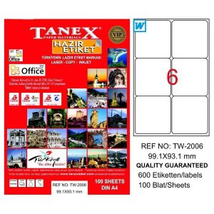 ლეიბლი, A4, 6 ნაჭრიანი, 99.1x93.1 მმ., 100 ფურცელი, TANEX [2006]