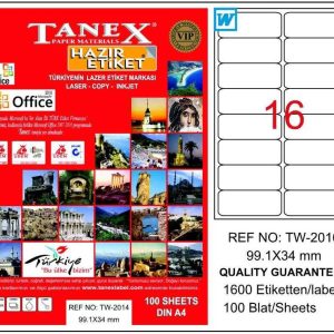 ლეიბლი, A4, 16 ნაჭრიანი, 99.1x34 მმ., 100 ფურცელი, TANEX [2016]