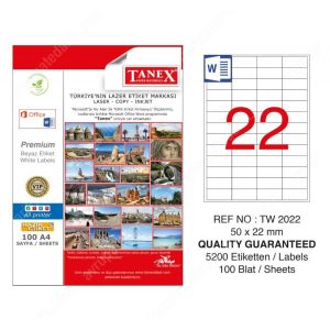 ლეიბლი, A4, 22 ნაჭრიანი, 50x22 მმ., 100 ფურცელი, TANEX [2022]