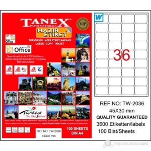 ლეიბლი, A4, 36 ნაჭრიანი, 45x30 მმ., 100 ფურცელი, TANEX [2036]
