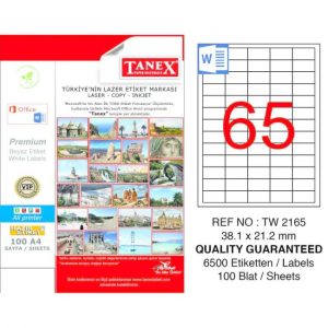 ლეიბლი, A4, 65 ნაჭრიანი, 38.1x21.2 მმ., 100 ფურცელი, TANEX [2165]