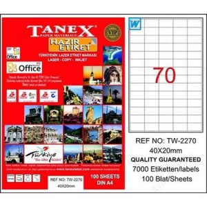 ლეიბლი, A4, 70 ნაჭრიანი, 40x20 მმ., 100 ფურცელი, TANEX [2270]