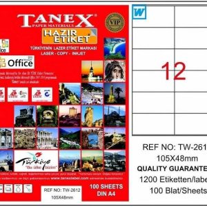 ლეიბლი, A4, 12 ნაჭრიანი, 105x48 მმ., 100 ფურცელი, TANEX [2612]