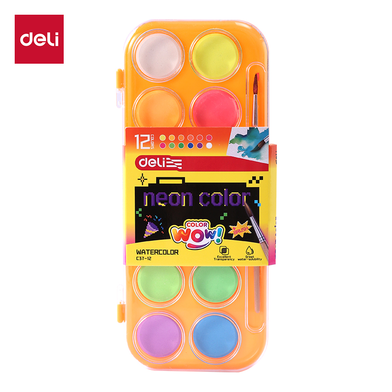 აკვარელი 12ფ.ფუნჯით NEON COLOR C37-12 , DELI - Image 1
